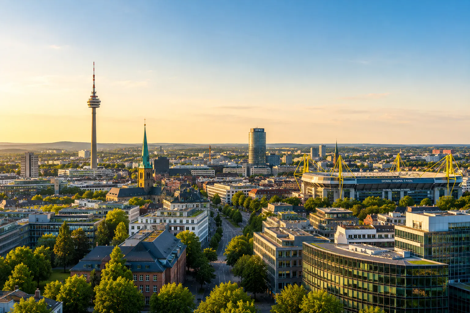 Blick über Dortmund am Abend mit Florianturm, Kirchtürmen und Stadion