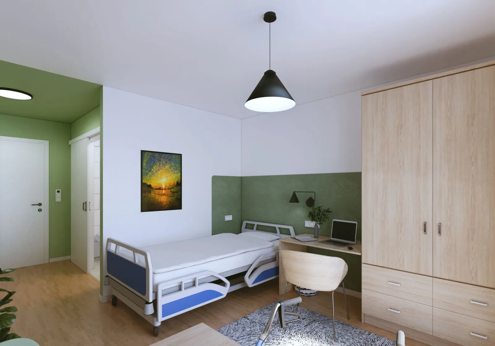 Visualisierung eines Einzelzimmers im Neubau Dortmund: Pflegebett, Kleiderschrank und Schreibtisch vor grüner Wand