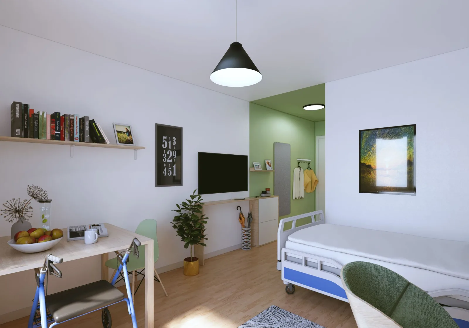 Visualisierung eines Einzelzimmers mit Pflegebett, Fernseher, Regal und Sitzplatz am Tisch