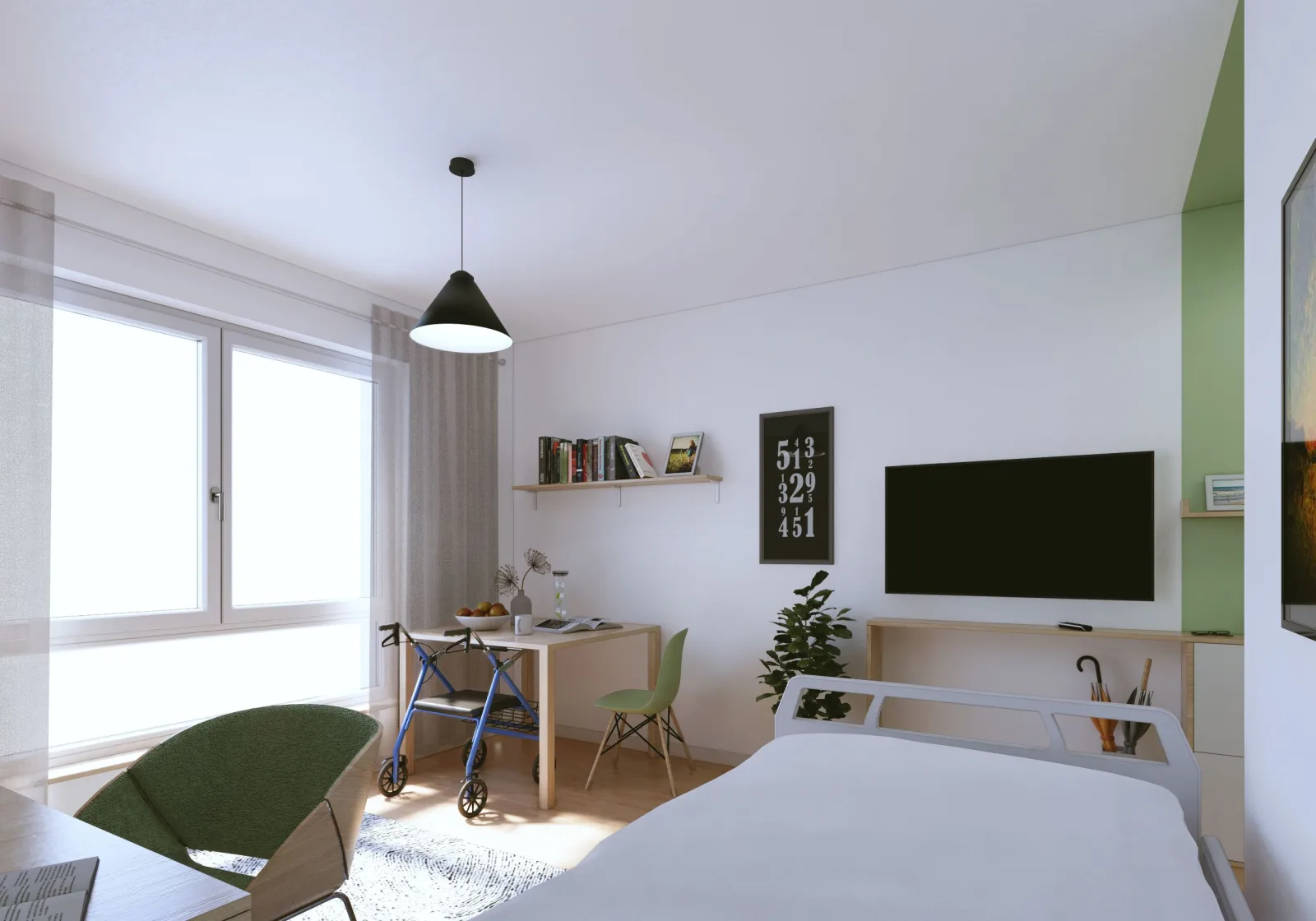 Visualisierung eines Zimmers mit bodentiefem Fenster, Schreibtisch und Rollator
