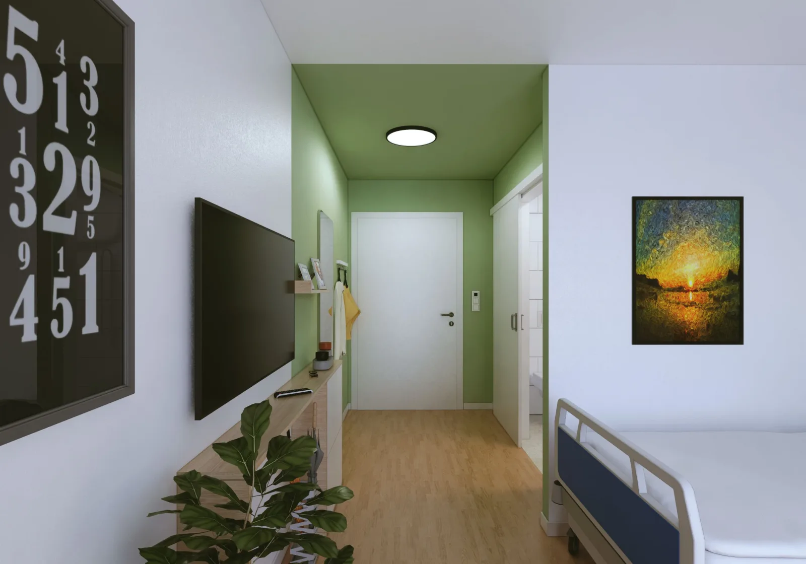 Visualisierung eines Zimmers im geplanten Neubau an der Westerfilder Straße in Dortmund, Blick vom Bett zur Tür mit Fernseher und Ablage