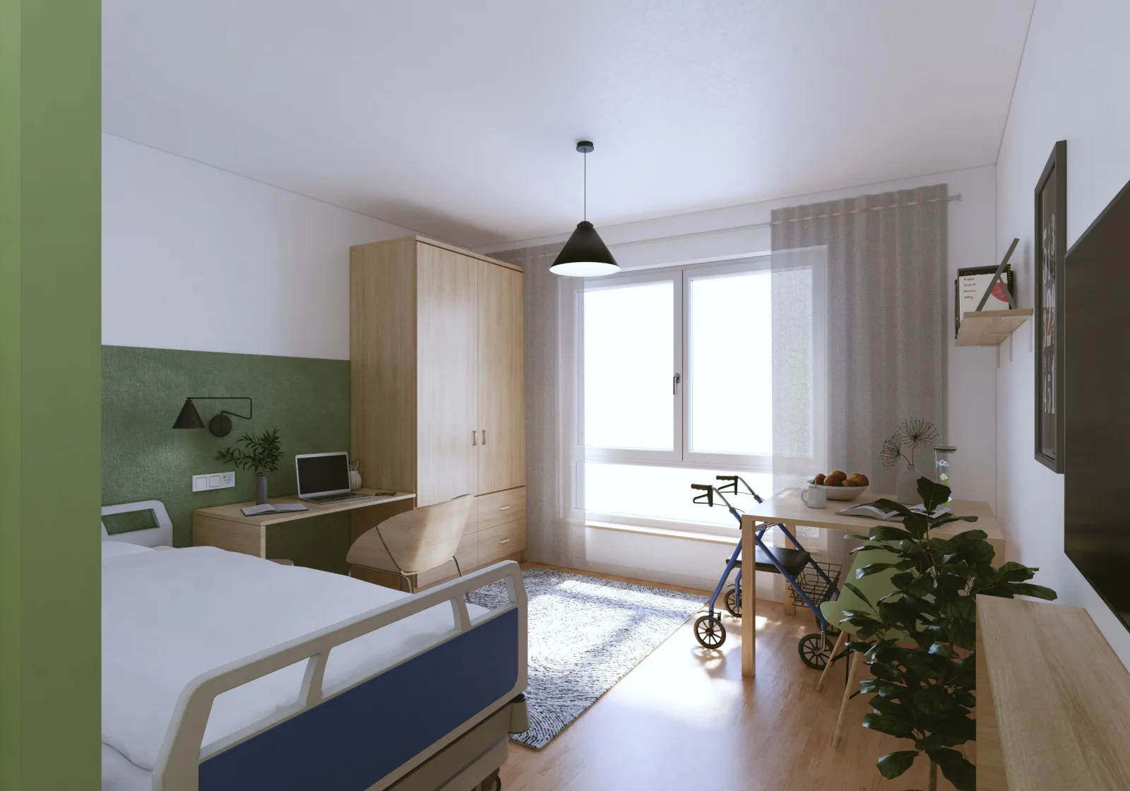 Visualisierung eines hellen Zimmers im Neubau Dortmund mit Bett, Kleiderschrank und großem Fenster
