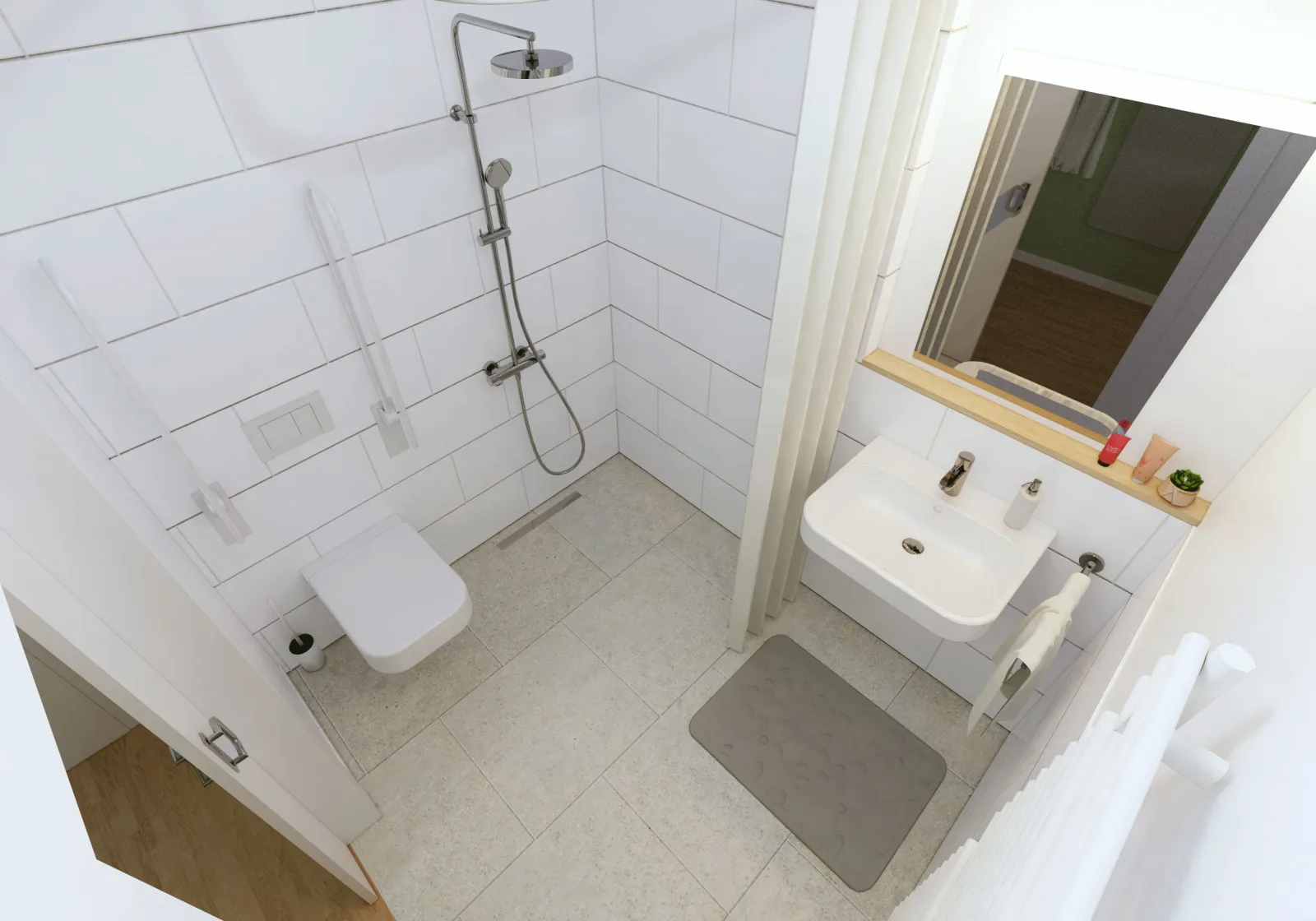 Visualisierung eines barrierefreien Badezimmers mit bodengleicher Dusche, Haltegriffen und unterfahrbarem Waschbecken
