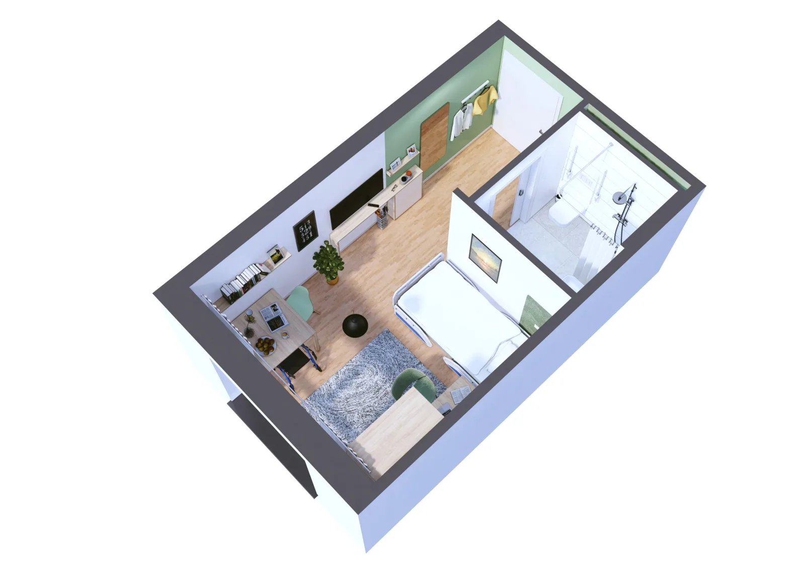 Visualisierung eines Zimmers im Neubau Dortmund von oben: Wohn- und Schlafbereich mit Bett, Schreibtisch und eigenem Bad mit bodengleicher Dusche