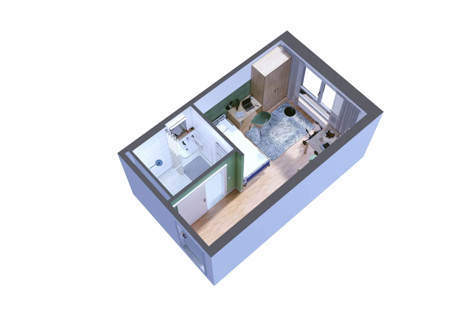 Visualisierung eines Zimmers im Neubau Dortmund von oben, mit Kleiderschrank, Fensterfront und angrenzendem Bad