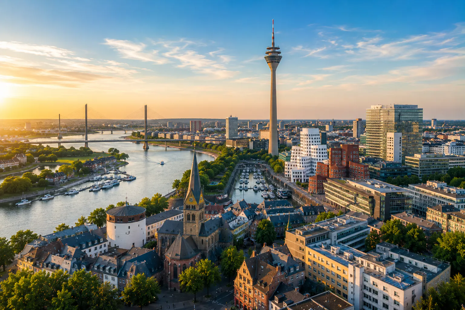 Blick über Düsseldorf am Abend mit Rheinturm, Medienhafen und Rhein
