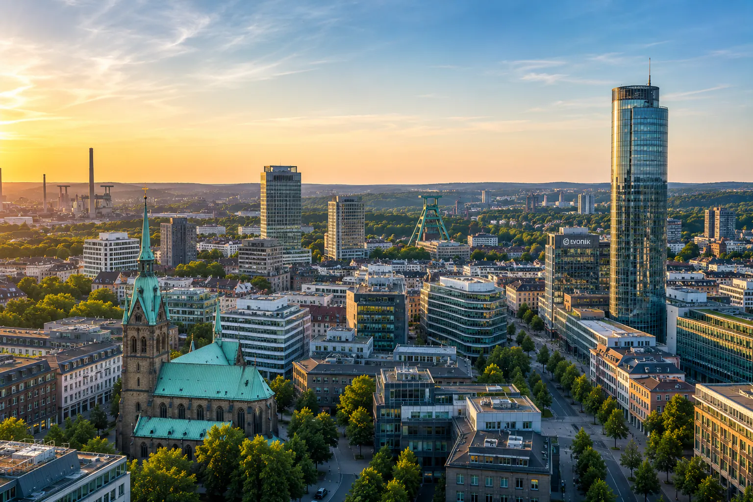 Blick über die Essener Innenstadt am Abend mit Hochhäusern, Marktkirche und Förderturm