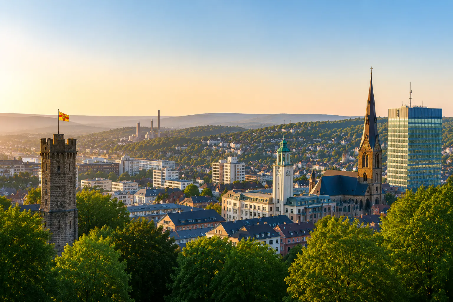 Stadtansicht von Hagen am Abend mit historischem Wehrturm, Kirchturm und bewaldeten Hügeln