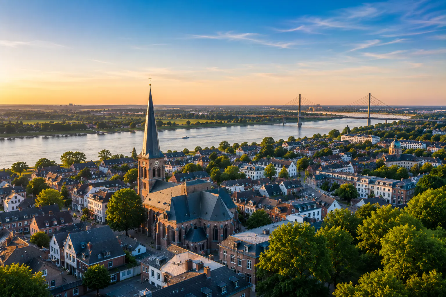 Stadtansicht am Rhein am Abend mit Backsteinkirche, Wohnhäusern und Rheinbrücke