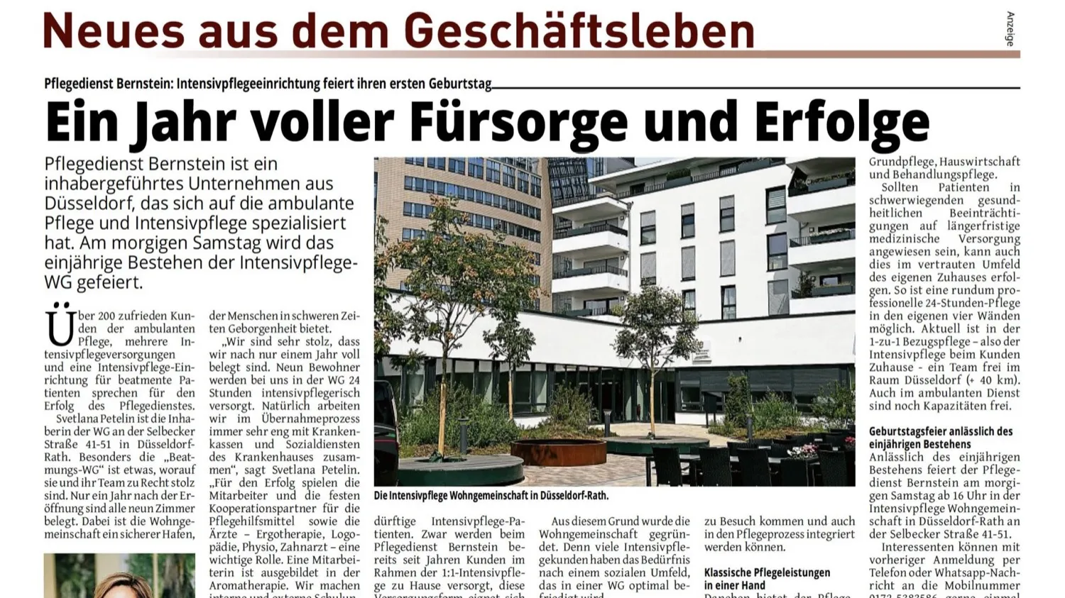 Zeitungsausschnitt über den Pflegedienst Bernstein