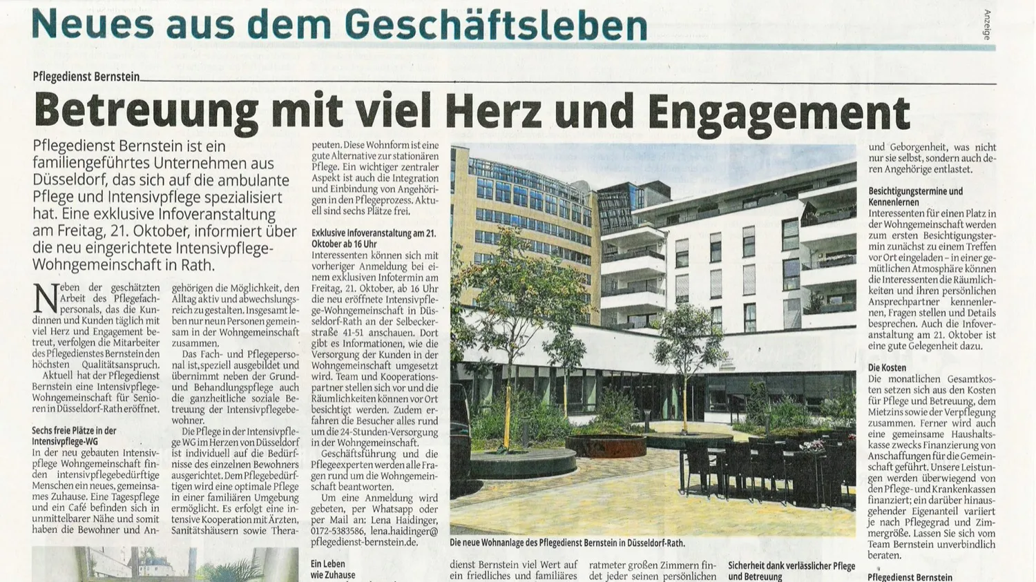 Presseausschnitt über die Standorte des Pflegedienst Bernstein