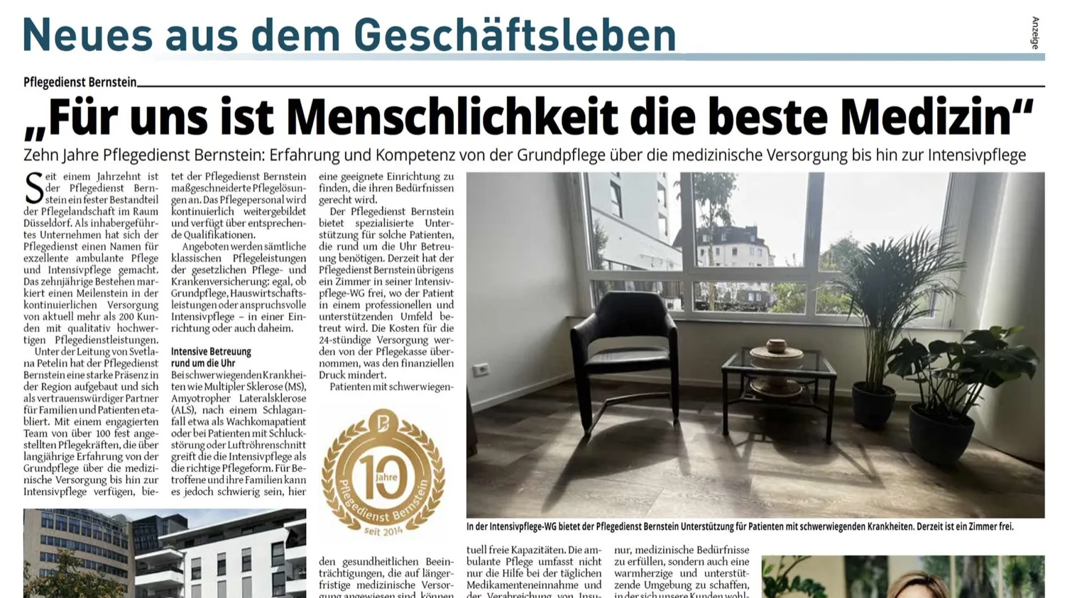 Zeitungsbericht über die Pflegearbeit des Pflegedienst Bernstein